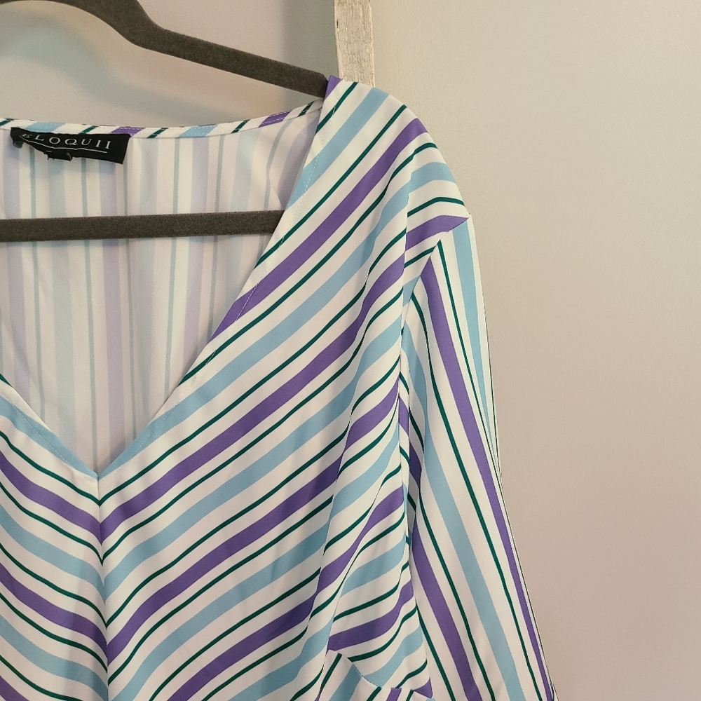 Eloquii size 20 blue and purple stripe peplum vneck top - Picture 2 of 5